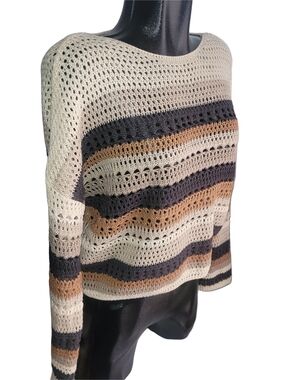 Eclipse Neutral Earth Tone Striped Crochet Open-Knit Sweater XS